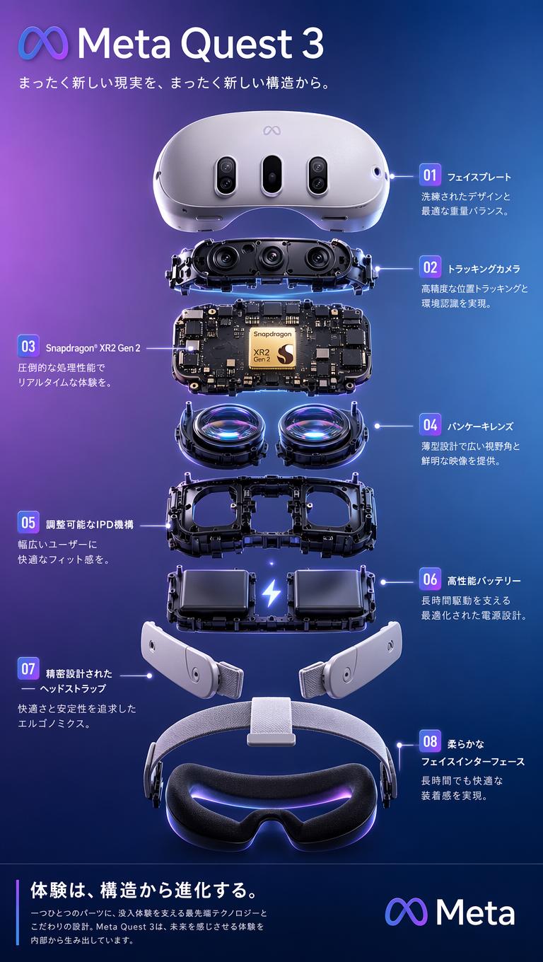 exploded view product diagram poster VR headset clean high-tech 3D render, studio lightin...