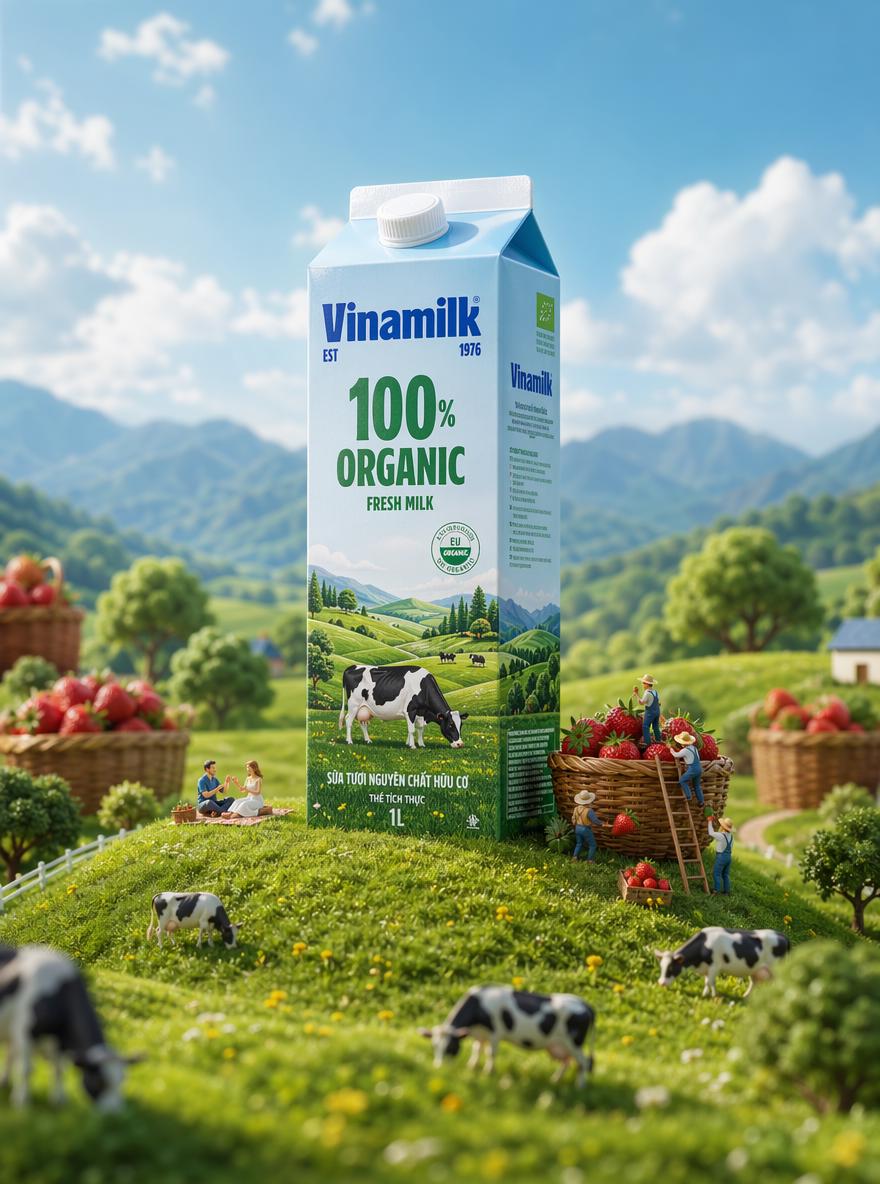 a carton of Vinamilk 100% Organic fresh milk. The milk carton stands upright in the middl...