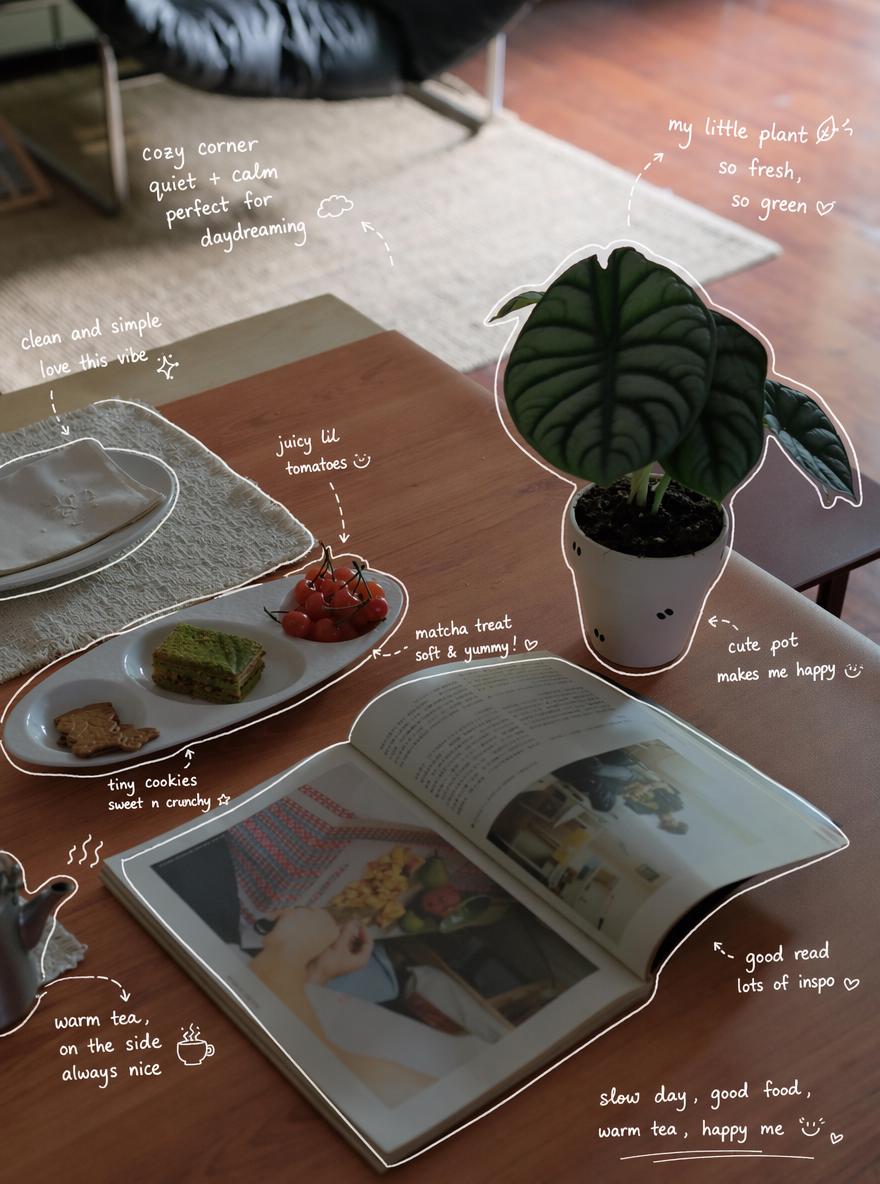 A Cozy Indoor Scene Featuring A Table With Snacks A Book And A Potted Plant Perfect For A Relaxing And Peaceful Day