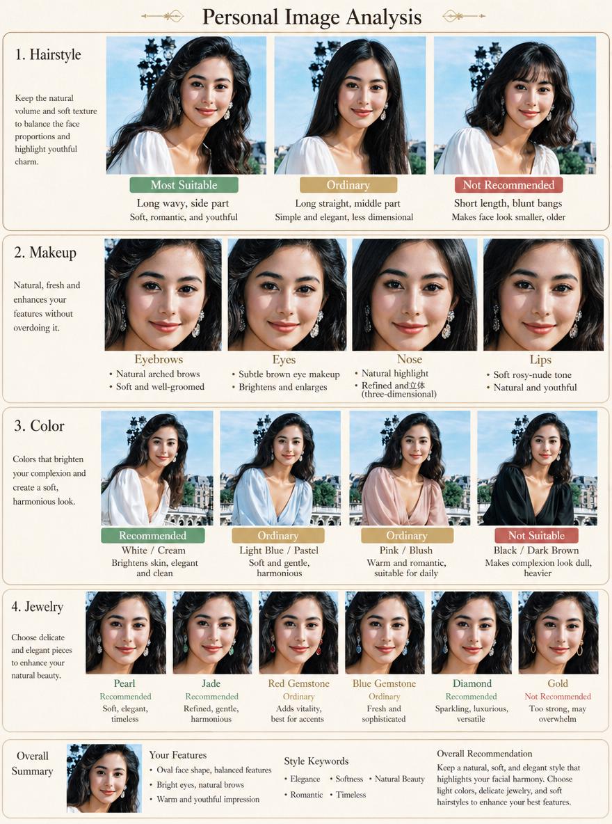 A Woman Is Featured In A Style Guide Setting With Recommendations For Hairstyles Makeup Colors And Jewelry To Enhance Natural Beauty