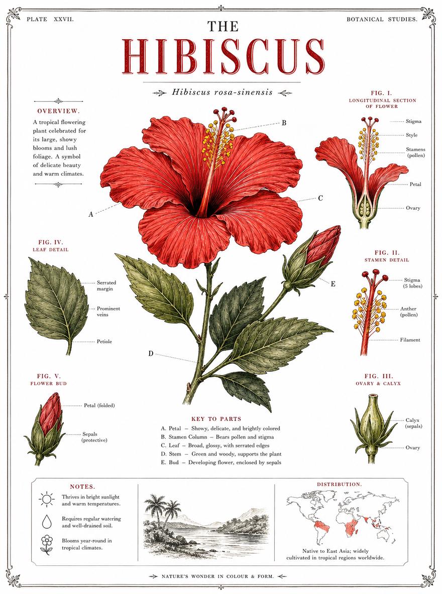 An Illustrated Botanical Study Of The Hibiscus Flower Showcases Its Vibrant Petals Detailed Anatomy And Tropical Distribution