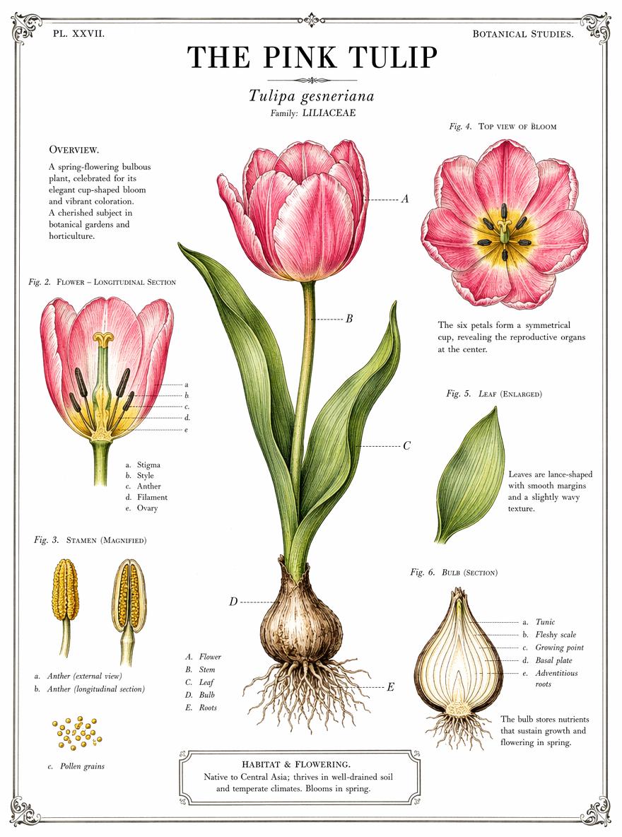 A Detailed Botanical Illustration Of A Pink Tulip Highlights Its Anatomy And Features Including The Flower Leaves Bulb And Roots In An Educational And Scientific Setting