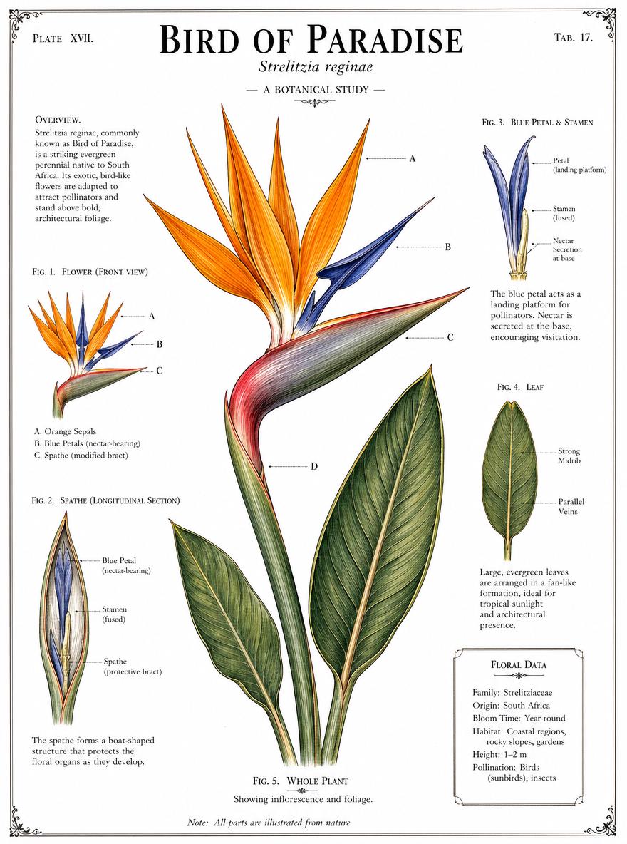 A Detailed Botanical Illustration Showcasing The Vibrant Bird Of Paradise Flower And Its Structural Features