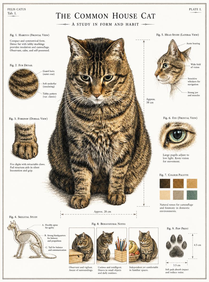 A Detailed Illustration Of A Tabby Cat In A Scientific Study Format Highlighting Its Form Habits And Physical Characteristics