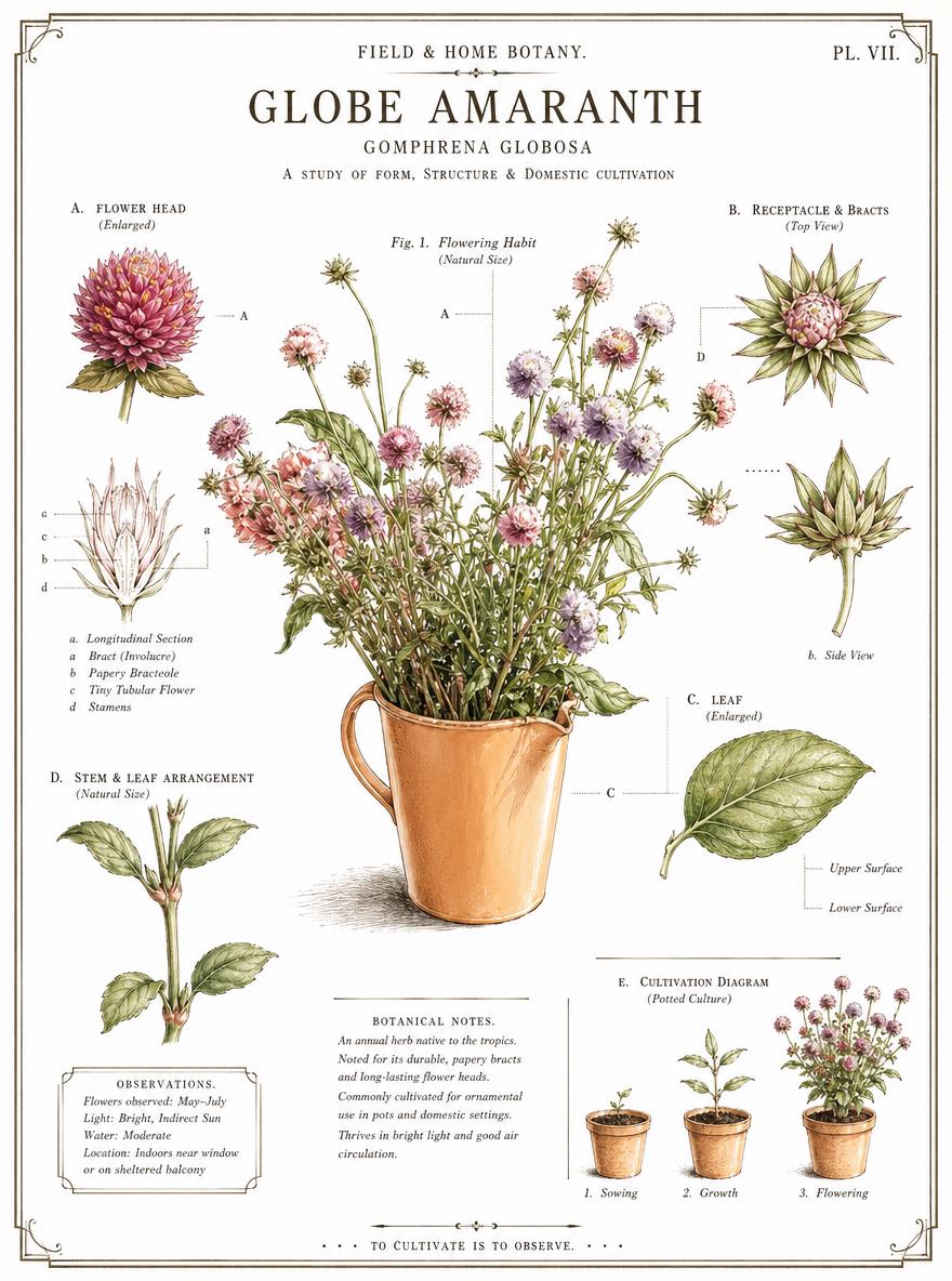 An Illustrated Botanical Study Of The Globe Amaranth Plant Featuring Detailed Diagrams And A Potted Flowering Arrangement In A Vintage-Inspired Setting