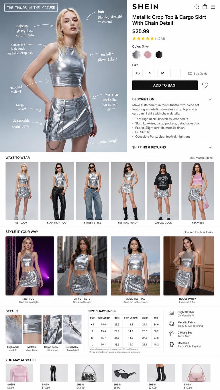 A Woman Poses In A Studio Setting Wearing A Metallic Silver Crop Top And Cargo Skirt Showcasing A Futuristic And Stylish Outfit