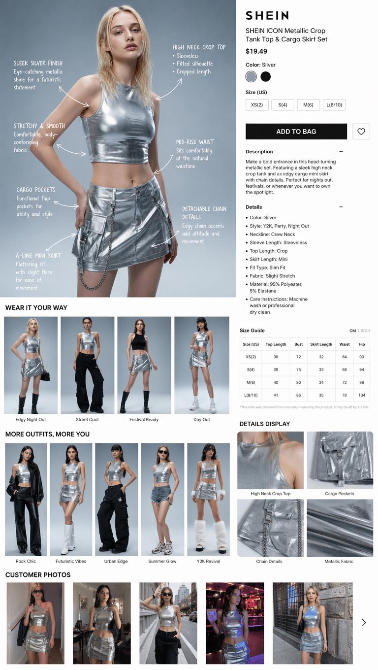 A Woman Poses In A Sleek Metallic Crop Top And Cargo Skirt Set In A Studio Setting Showcasing A Futuristic Fashion Look
