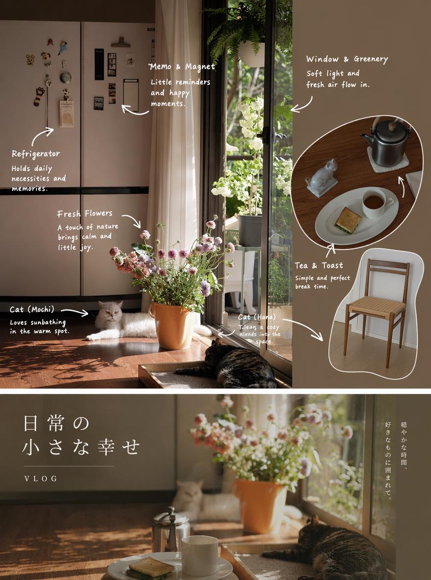 A Cozy Home Scene Featuring Two Cats Relaxing Near Fresh Flowers By A Sunlit Window With Tea And Toast Set For A Peaceful Moment