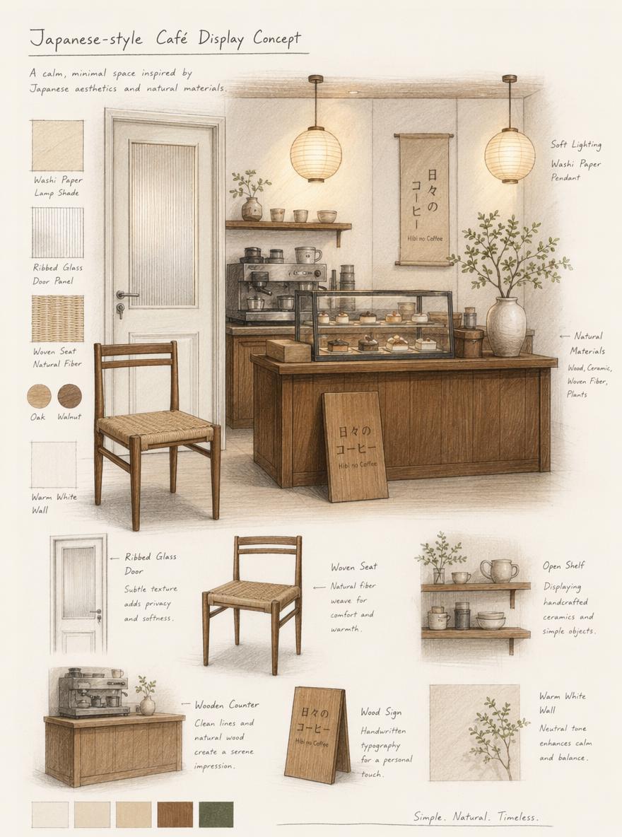 A Beautifully Designed Japanese-Style Café Concept Featuring Natural Materials Minimalist Furniture And Soft Lighting For A Serene And Inviting Atmosphere