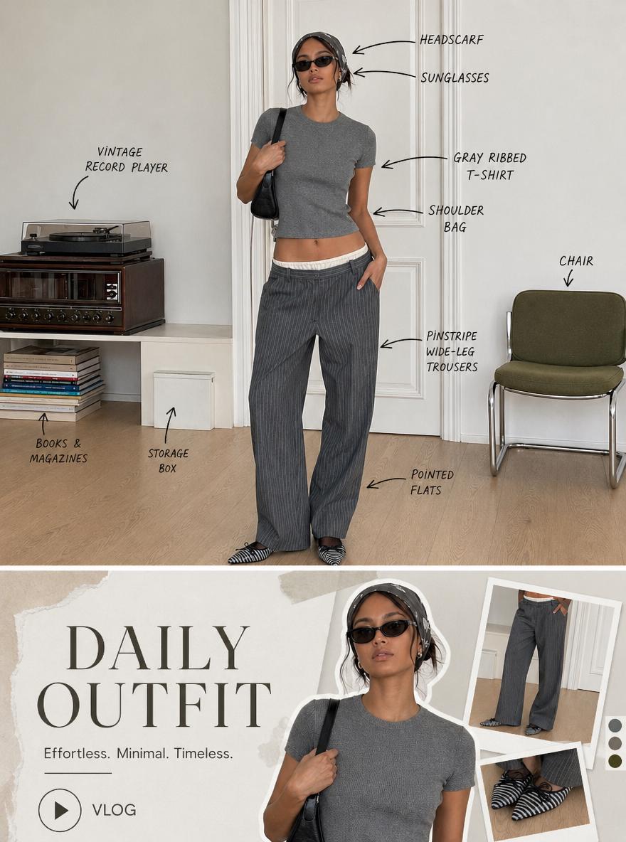 A Woman Is Showcasing A Casual And Minimalist Outfit In A Stylish Indoor Setting Featuring A Vintage Record Player And Modern Decor