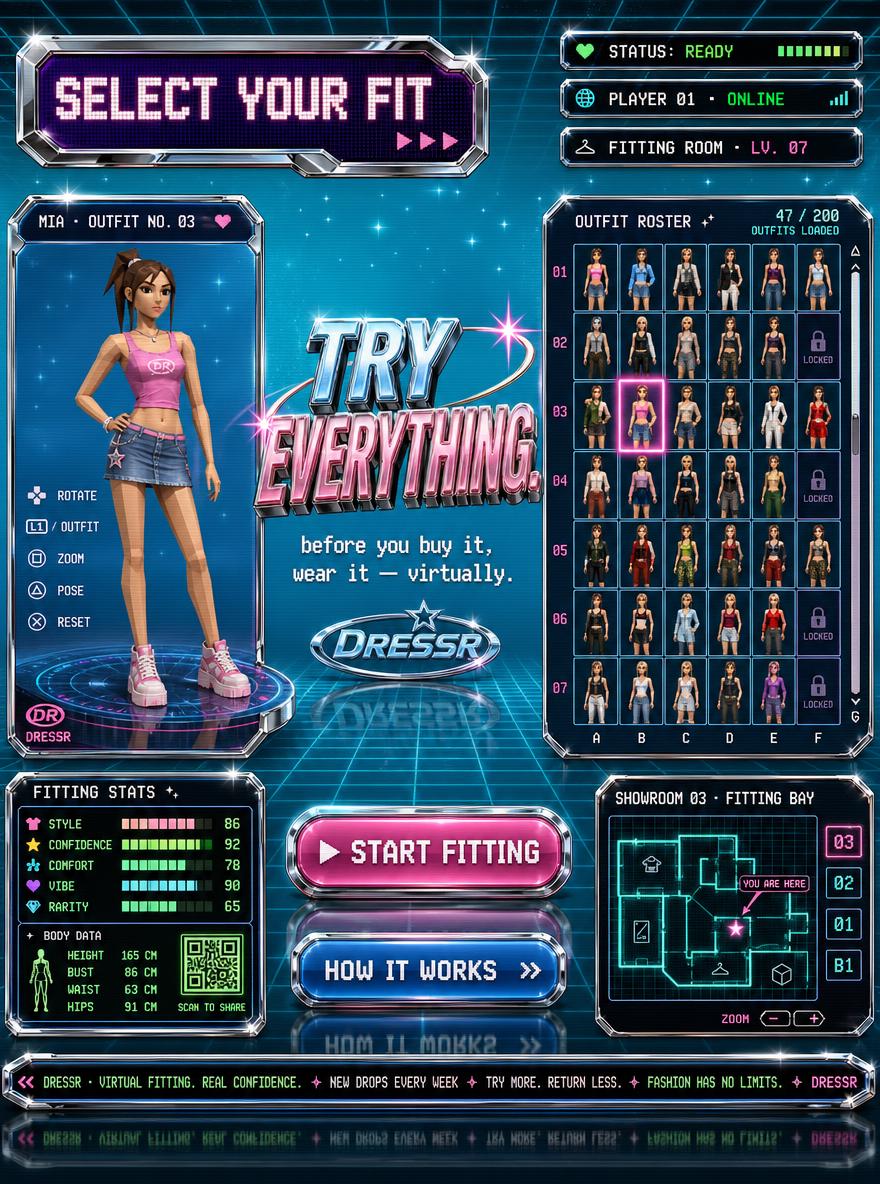 Create a full-width 16:9 desktop landing page for a fictional virtual outfit try-on servi...