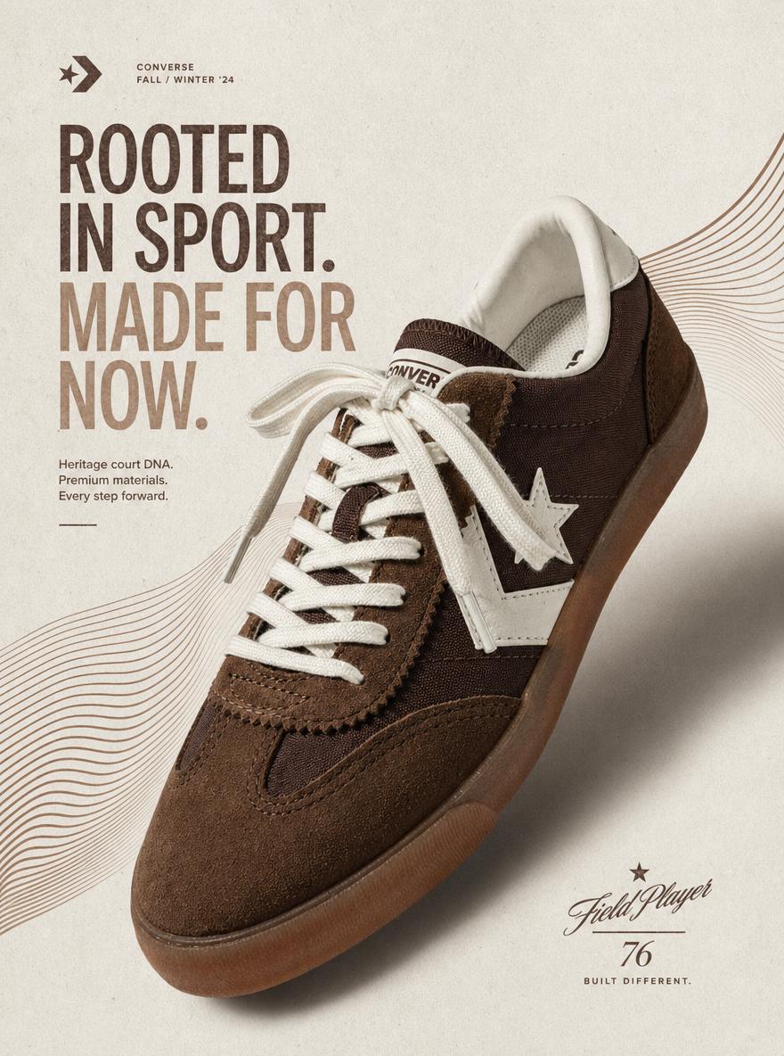 A Stylish Brown And White Converse Sneaker Is Showcased Against A Minimal Beige Background With Bold Text Highlighting Its Sporty Heritage And Modern Design