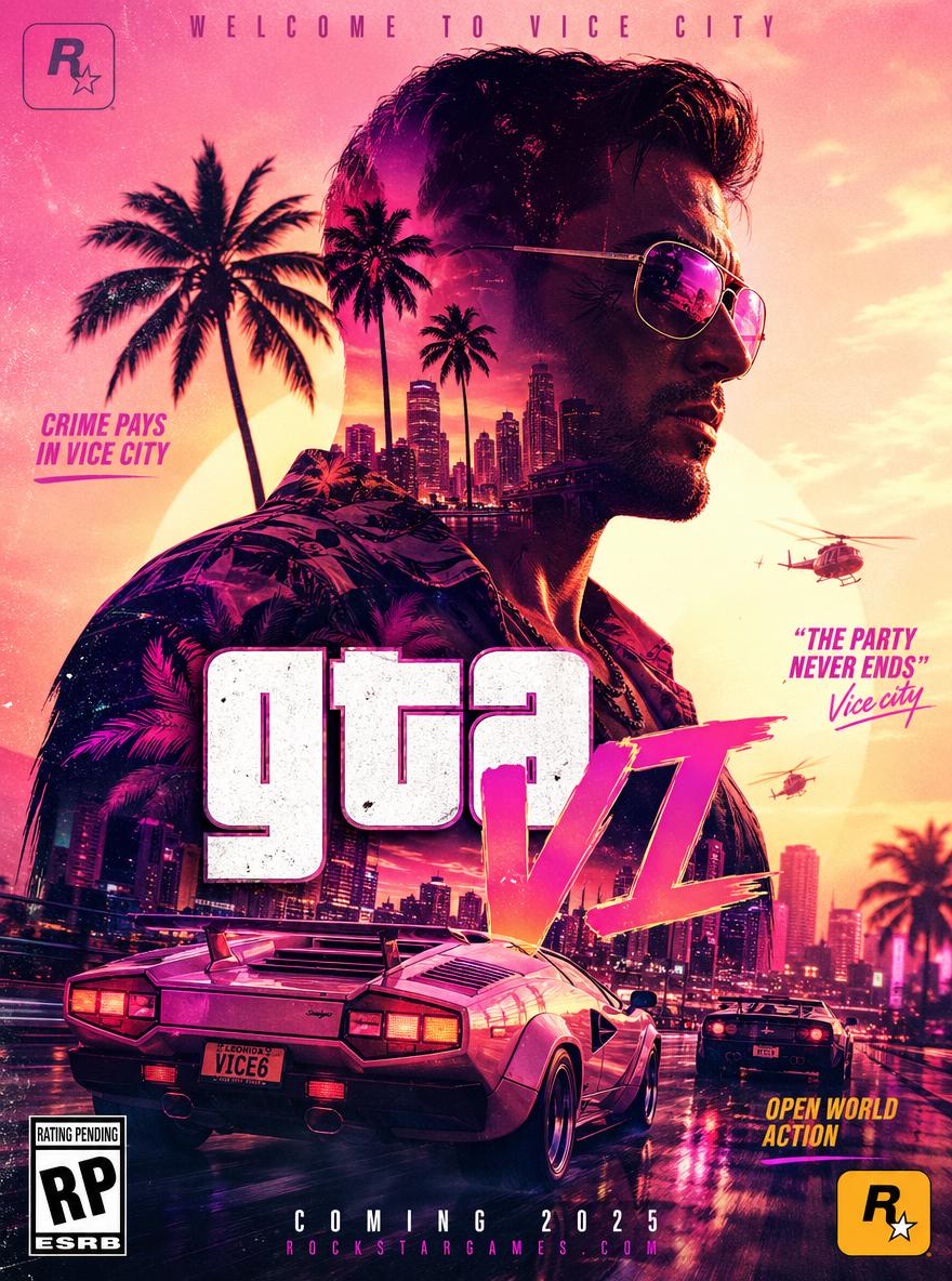 A Vibrant Poster Featuring A Man Overlooking A Neon-Lit Cityscape With Palm Trees Luxury Cars And Helicopters Promoting The Upcoming "GTA VI" Set In Vice City