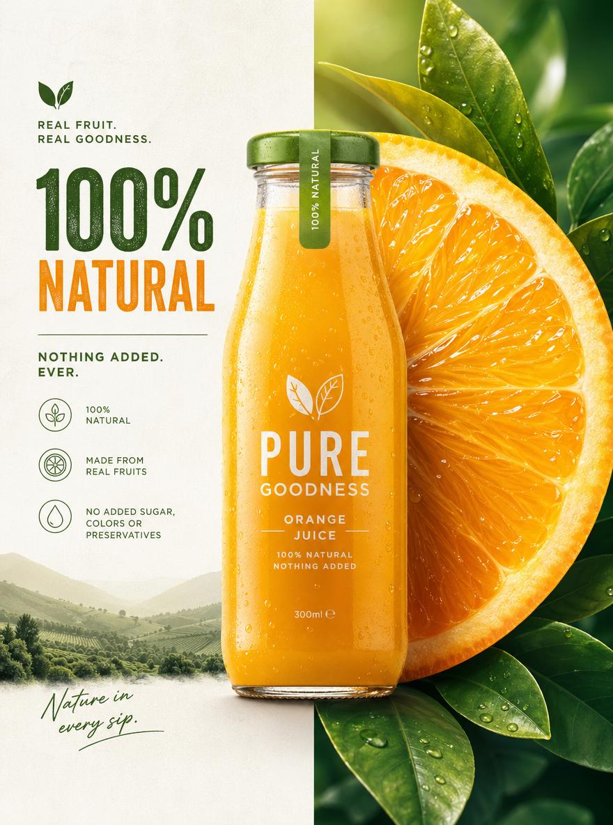 A Bottle Of 100% Natural Orange Juice Is Showcased Alongside Fresh Orange Slices And Lush Greenery In A Vibrant Refreshing Setting