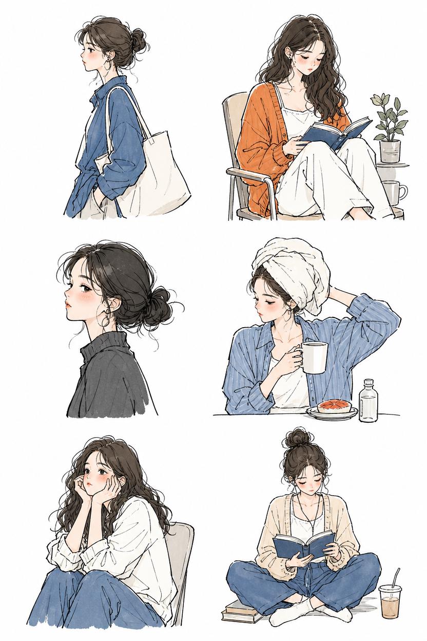 A Series Of Illustrations Featuring A Woman In Casual Settings Engaging In Everyday Activities Such As Reading Relaxing And Enjoying A Meal