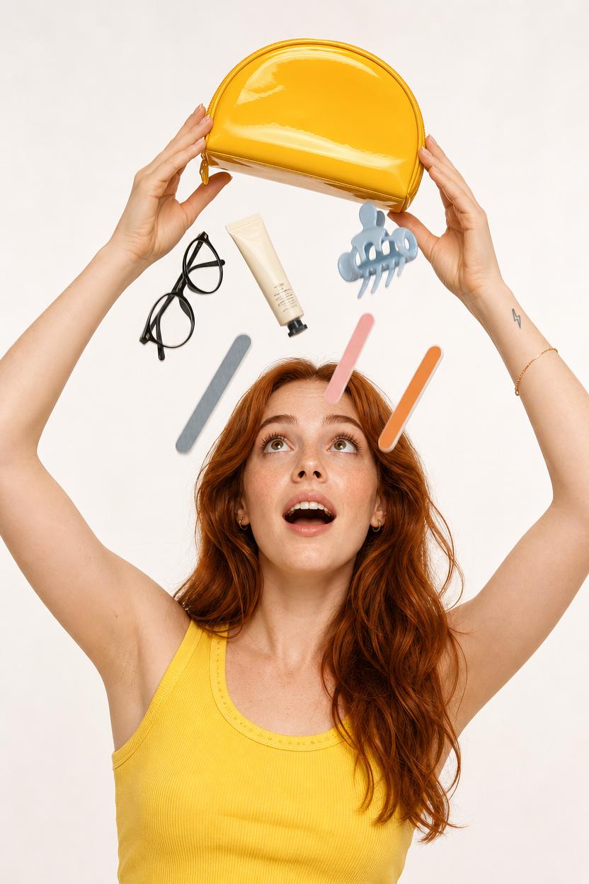 A Woman In A Bright Yellow Top Holds A Matching Yellow Pouch As Various Beauty And Personal Items Appear To Float Around Her In A Studio Setting