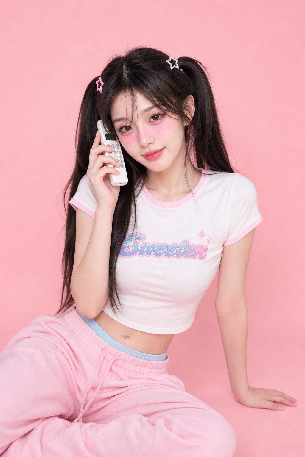 A Woman Wearing A Casual Outfit Is Seated Against A Pink Backdrop While Holding A Phone