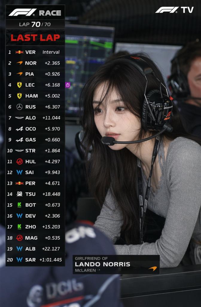 A Woman Is Seated In A Race Control Area Wearing A Headset With An F1 Leaderboard Displayed In The Background
