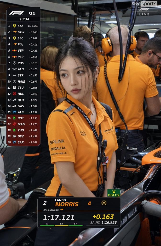 A Woman Stands In The McLaren Formula 1 Garage Surrounded By Team Members During A Live Qualifying Session