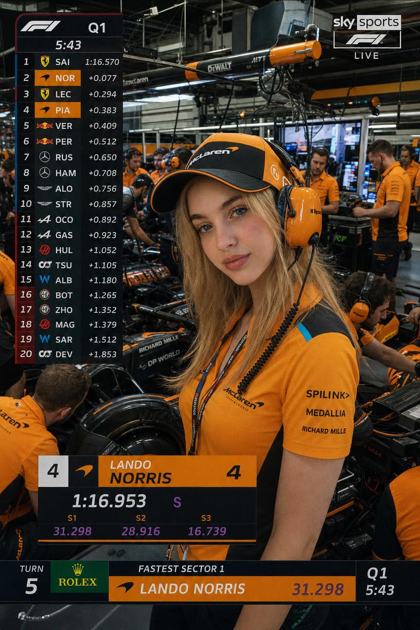 A Woman Wearing McLaren Team Attire Stands In The Bustling Formula 1 Garage As Qualifying Results Are Displayed