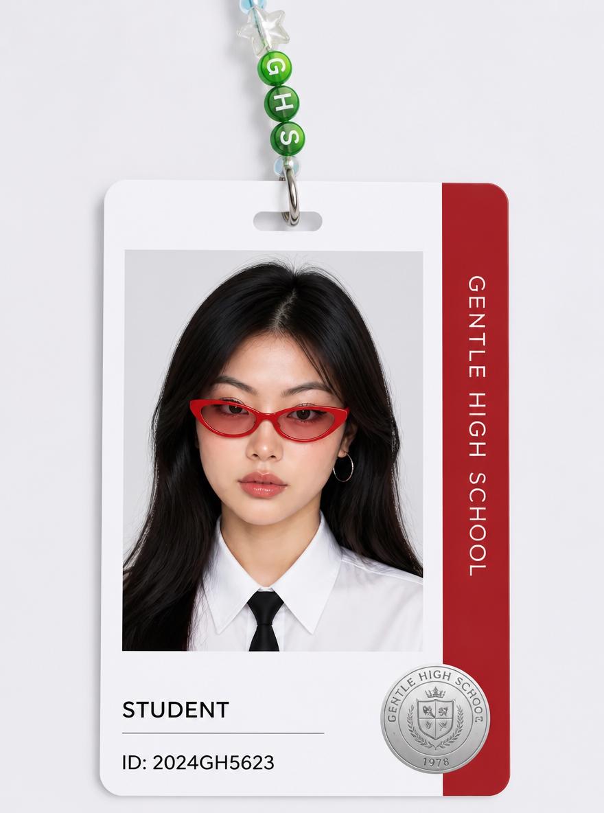 A Student ID Badge Featuring A Woman In Formal Attire From Gentle High School Is Displayed In A Clean Professional Setting