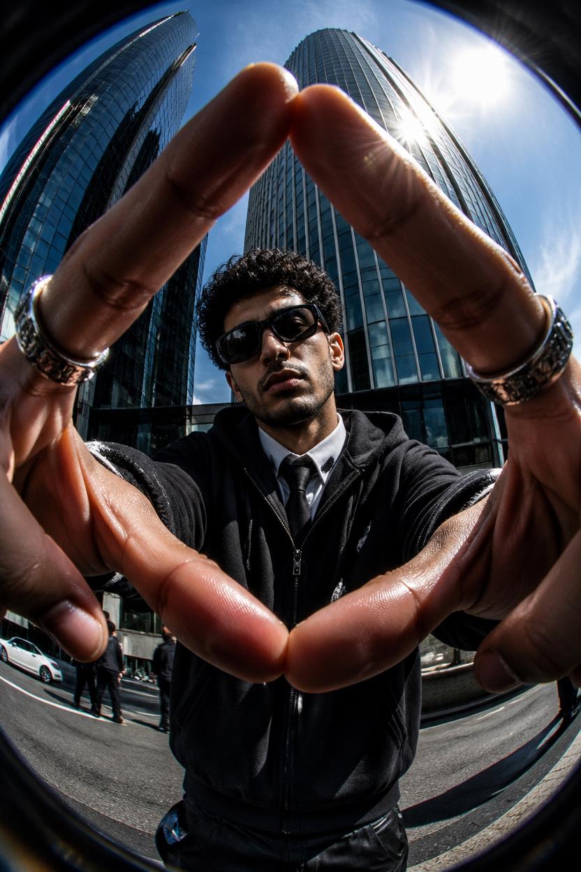 A Man In Formal Attire Poses Creatively With Hands Forming A Shape Set Against The Backdrop Of Modern Skyscrapers On A Sunny Day