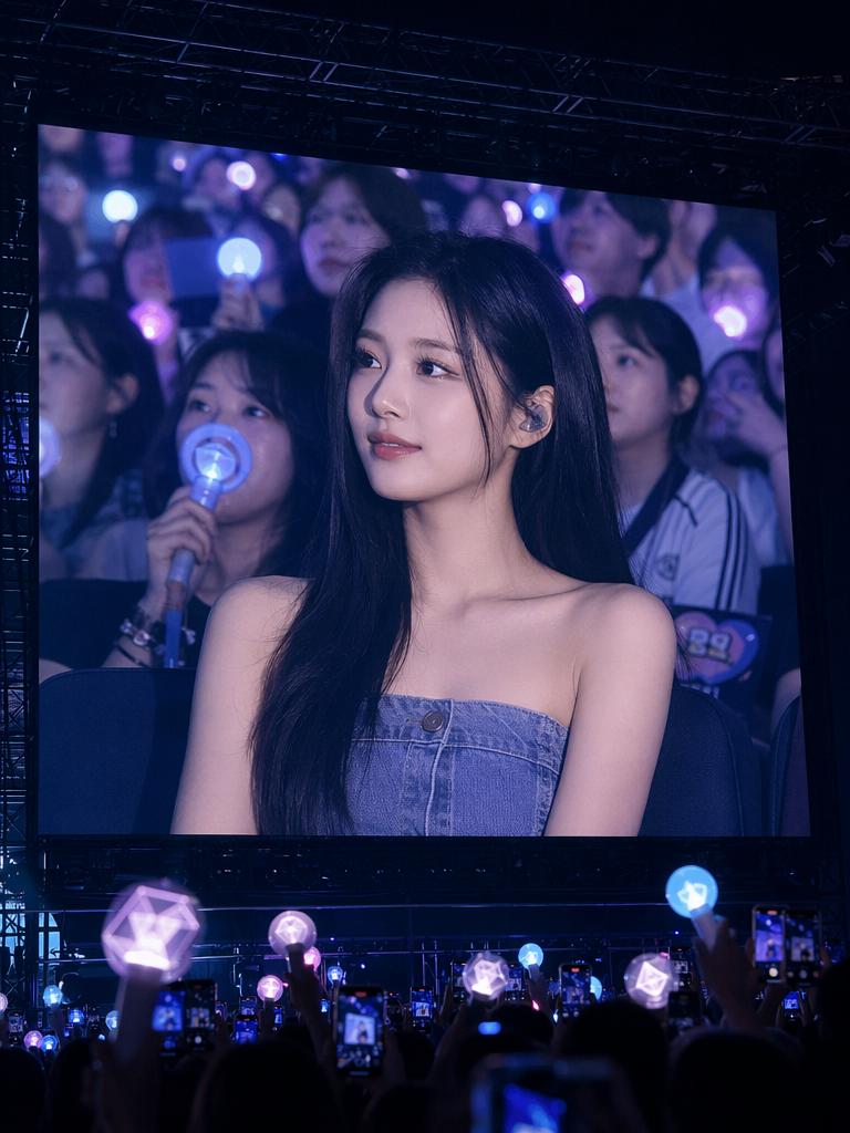 This image captures a large concert or fan-event screen showing a close-up of a young wom...