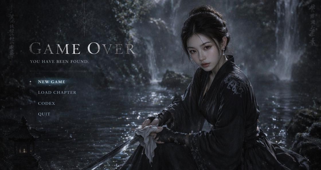 A Woman Dressed In Dark Intricate Attire Holds A Sword By A Serene Waterfall Accompanied By A Dramatic "Game Over" Screen