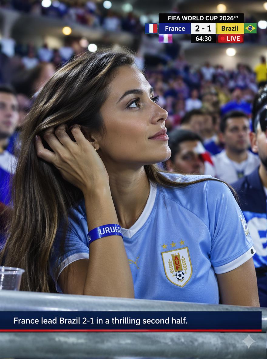 A Woman Wearing A Uruguay Jersey Watches The FIFA World Cup Match Between France And Brazil In A Lively Stadium Setting