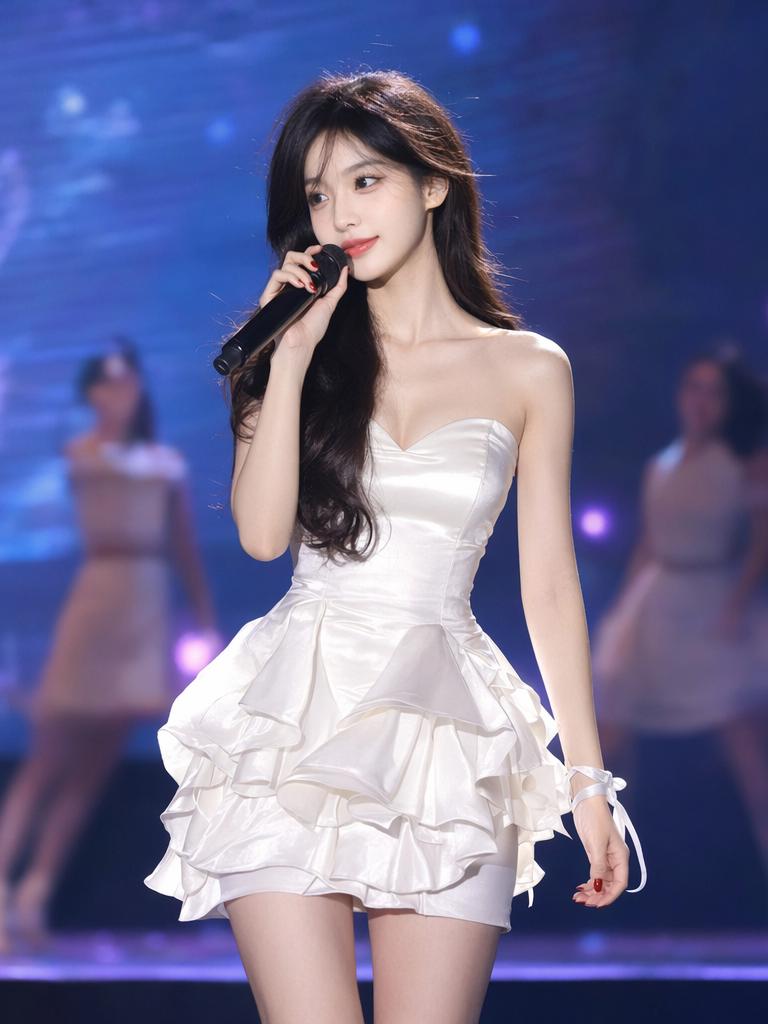A Woman In A White Dress Is Performing On Stage With A Microphone Under Vibrant Lighting