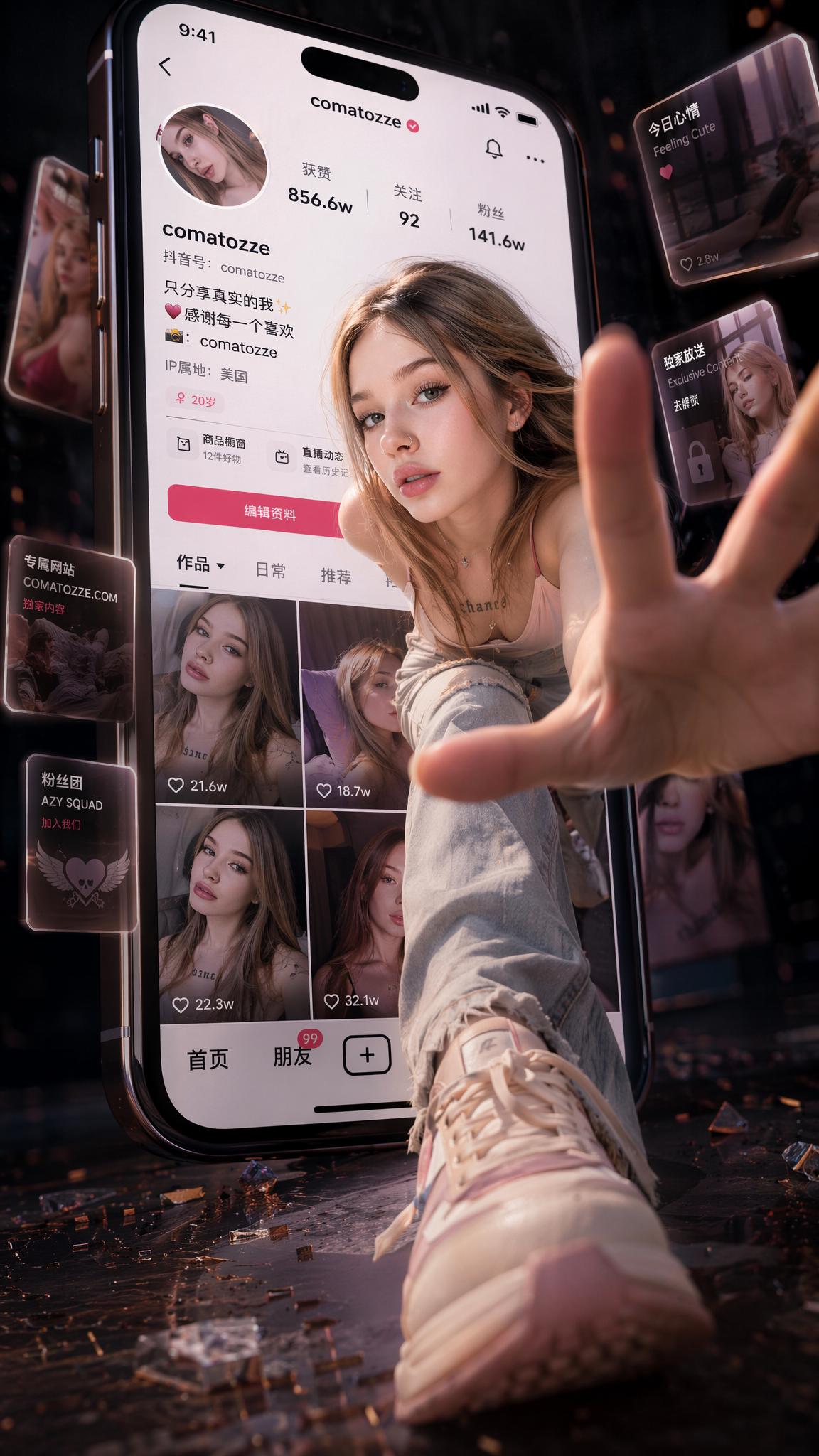 A Woman Reaches Out Dramatically In A Stylized Scene Surrounded By Shattered Glass And An Oversized Smartphone Display Showcasing A Social Media Profile