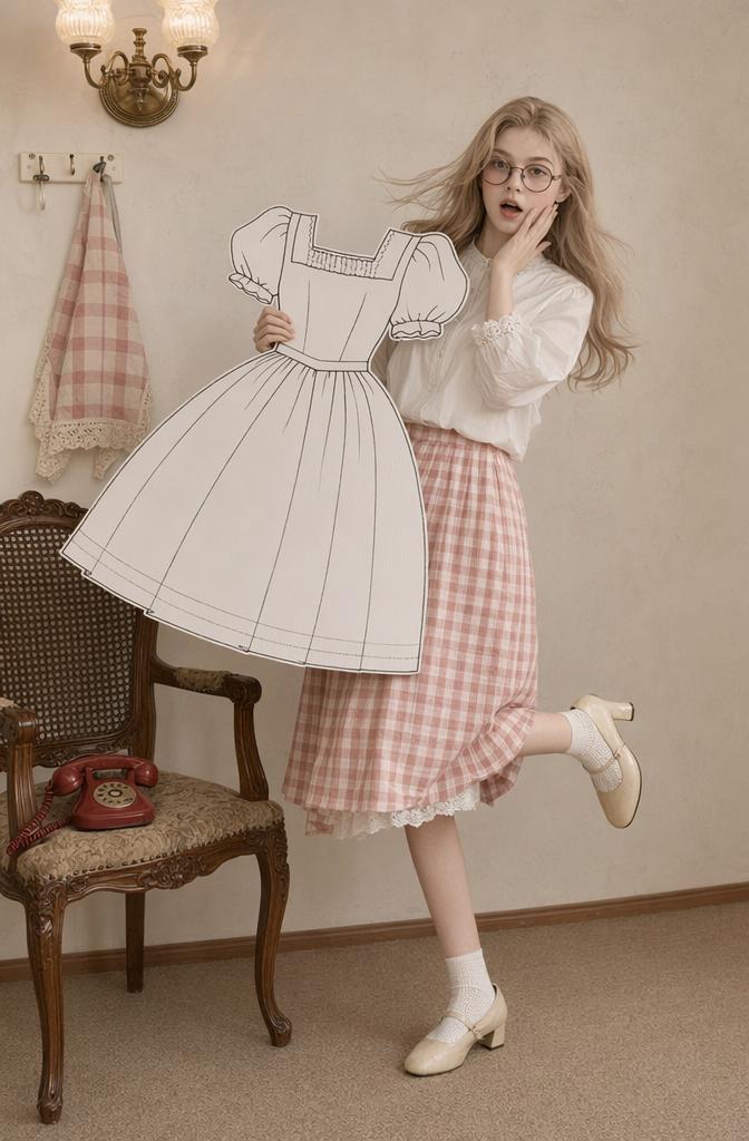 A Woman In Vintage-Inspired Attire Holds A Paper Illustration Of A Dress In A Cozy Retro-Themed Room