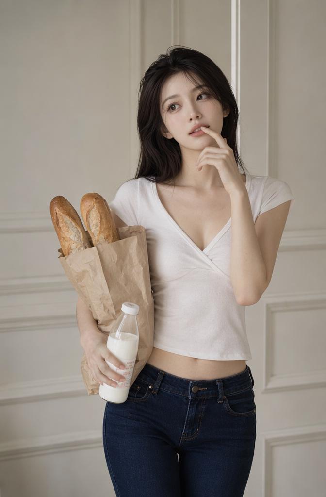 A Woman Stands Indoors Holding A Paper Bag With Baguettes And A Bottle Of Milk Against A White-Paneled Wall