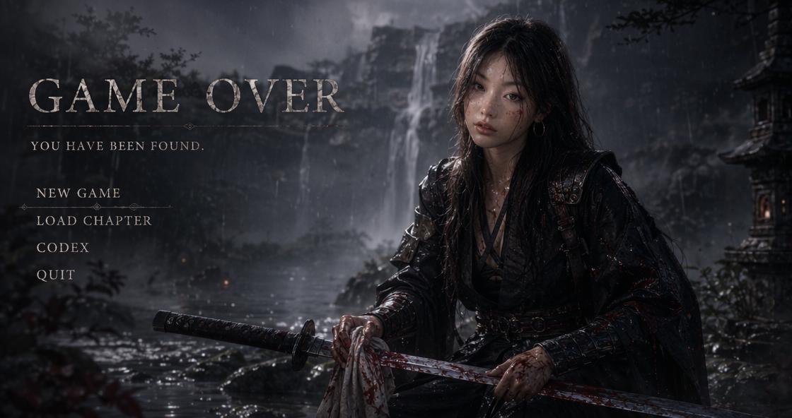 A Woman Dressed In Dark Battle-Worn Attire Grips A Bloodied Sword In A Misty Dramatic Setting Featuring Waterfalls And A Pagoda