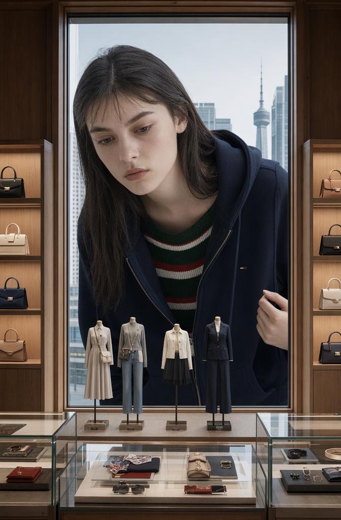 A Woman Stands Behind A Display Window Showcasing Stylish Clothing And Accessories In A Modern City Setting