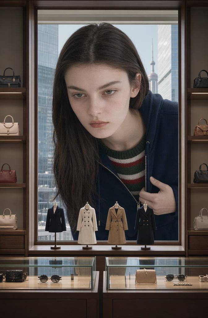 A Woman Is Seen Peering Through A Window Into A Stylish Boutique Displaying Coats Handbags And Accessories With A Cityscape Visible In The Background