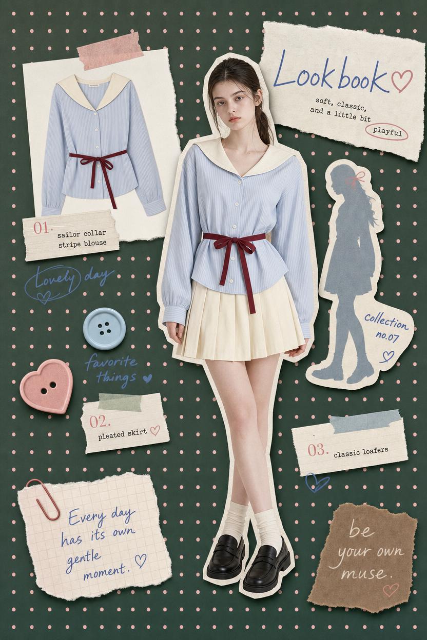 A Woman Is Featured In A Styled Lookbook Showcasing A Soft Classic Outfit With A Sailor Collar Blouse And Pleated Skirt Against A Creative Scrapbook-Themed Background