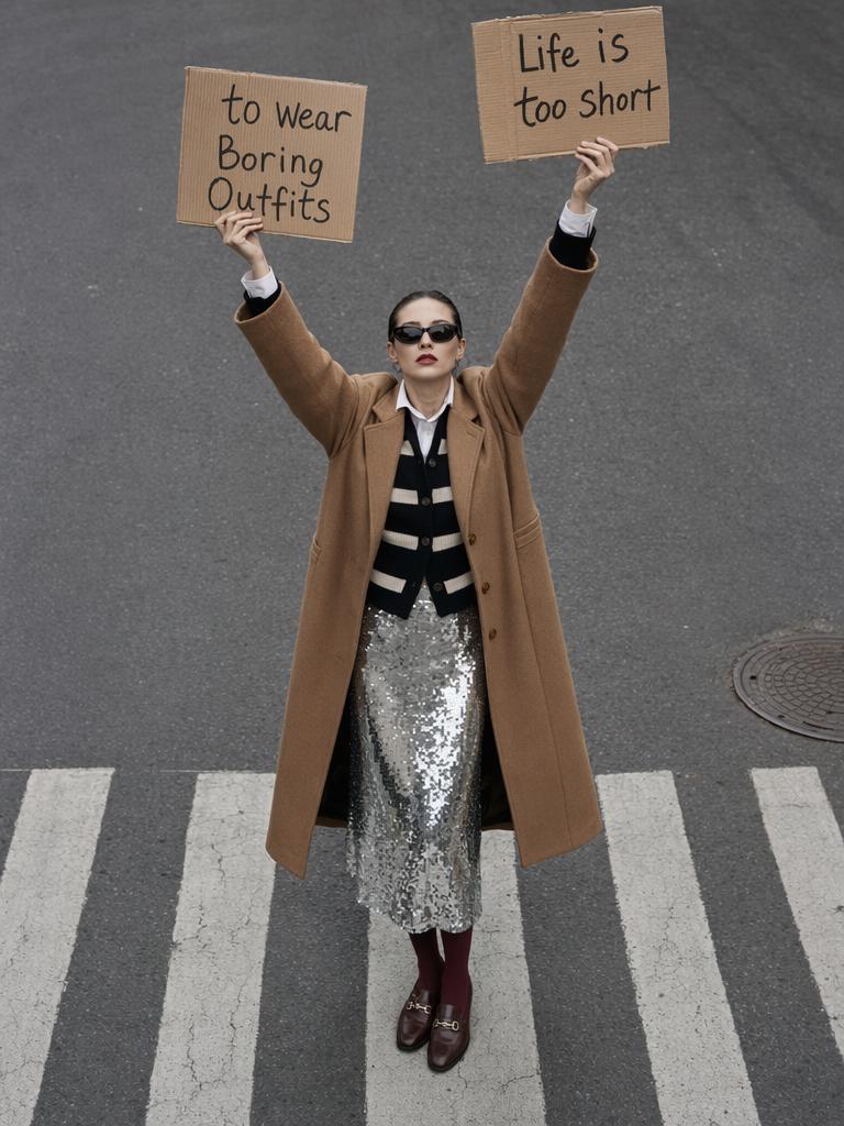 A Woman Stands Confidently On A Crosswalk Holding Signs That Champion Bold Fashion Choices