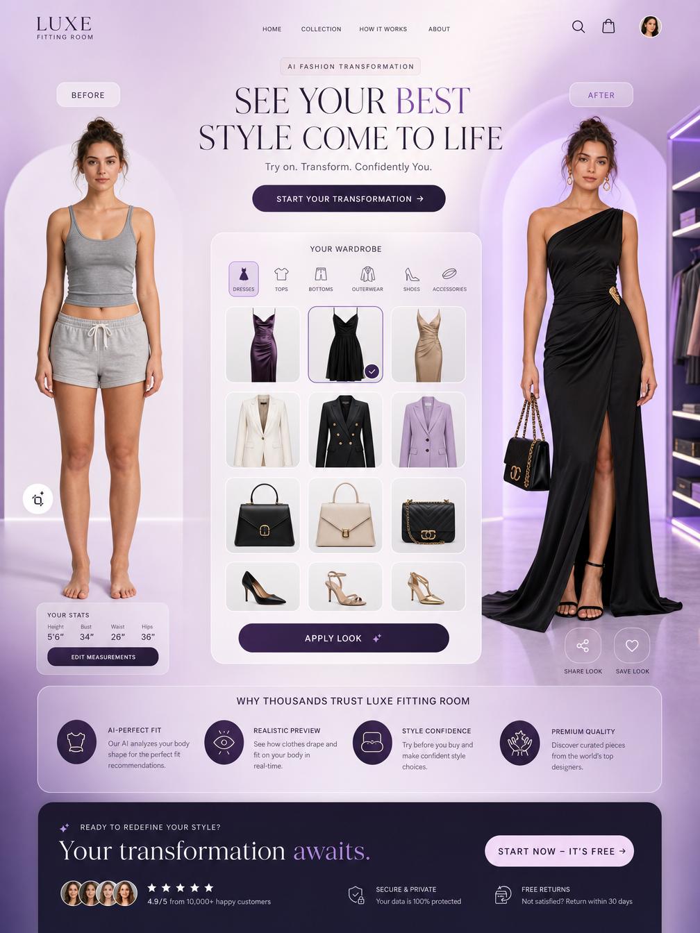 A Woman Is Featured In A Digital Fashion Transformation Setting Showcasing A Before-And-After Style Upgrade Using An AI-Powered Wardrobe Platform