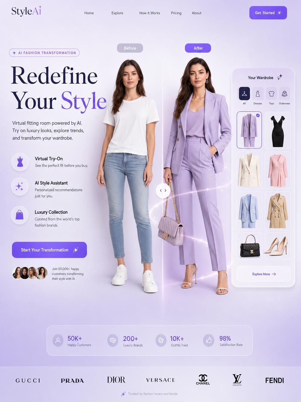A Side-By-Side Transformation Showcasing A Woman Styled By AI Transitioning From Casual Attire To An Elegant Purple Suit In A Virtual Wardrobe Setting