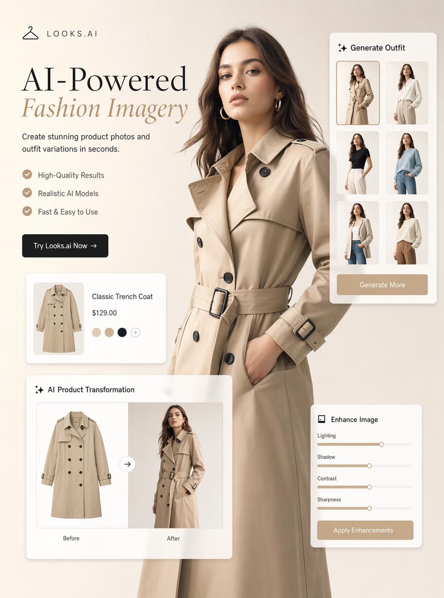 Premium ecommerce fashion banner, realistic AI fashion model wearing a beige trench coat,...