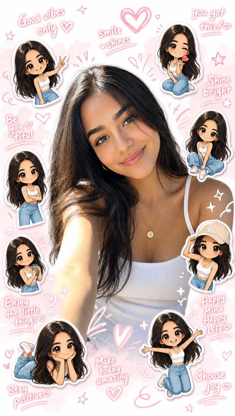 A Woman In A White Tank Top Is Captured In A Casual Setting Surrounded By Uplifting Illustrations And Positive Messages