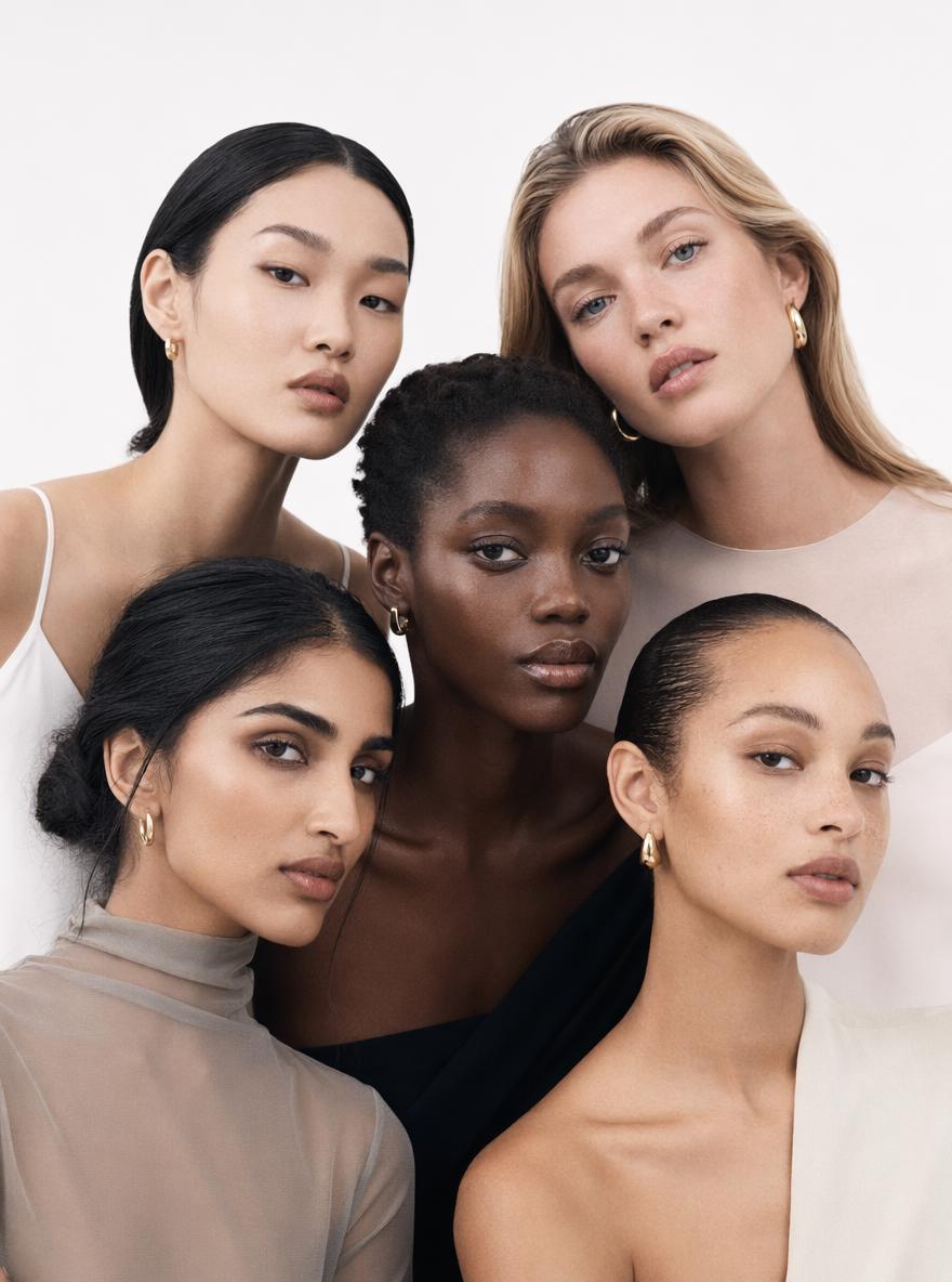 luxury fashion models lineup, diverse beauty portraits, premium editorial photography, cl...