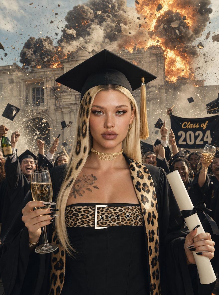 The image should look like a still frame from a dark comedy disaster movie. A graduation...