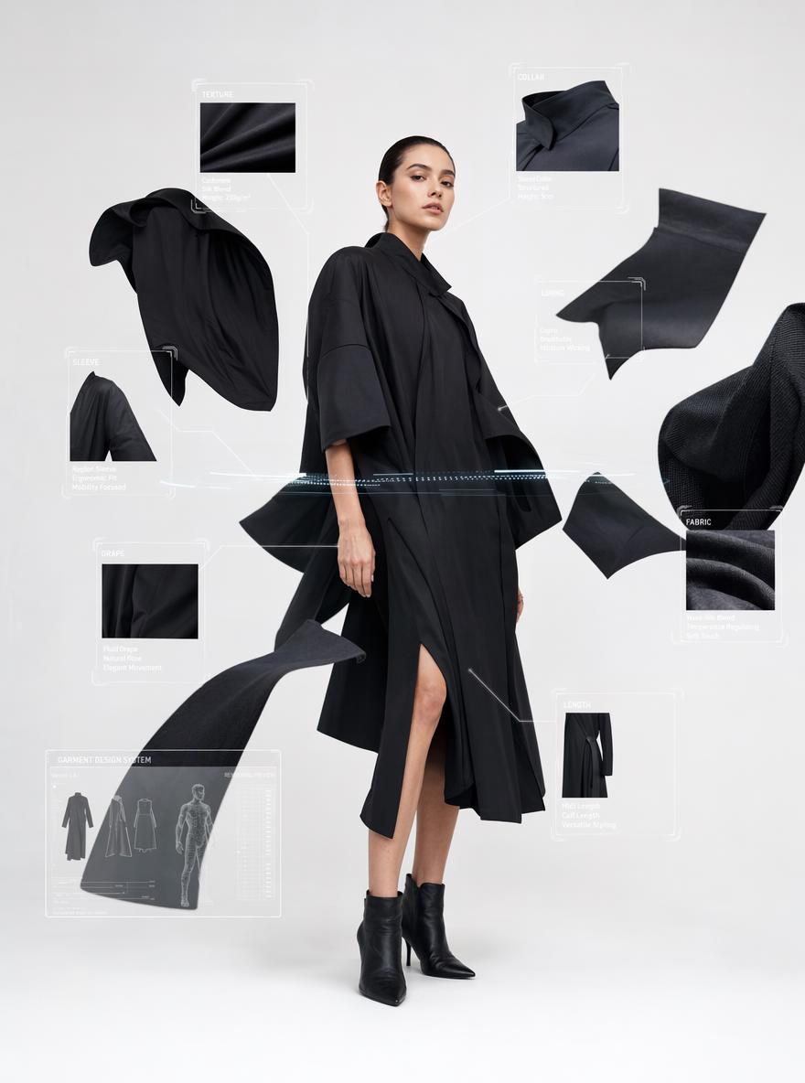 fashion image editing concept, floating garment layers around model, luxury editorial pho...