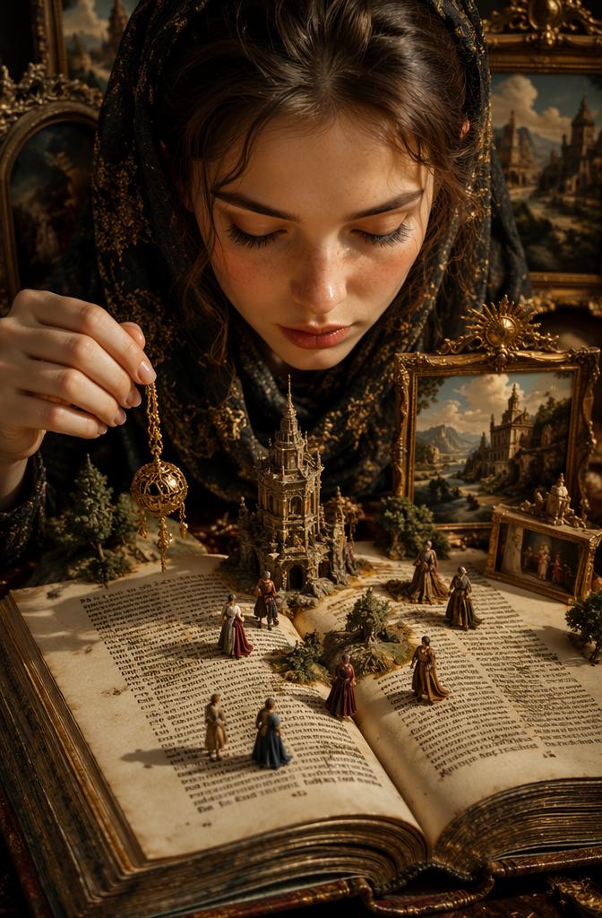 Surreal juxtaposition of a giant female face gazing down at a miniature, hyper-detailed f...
