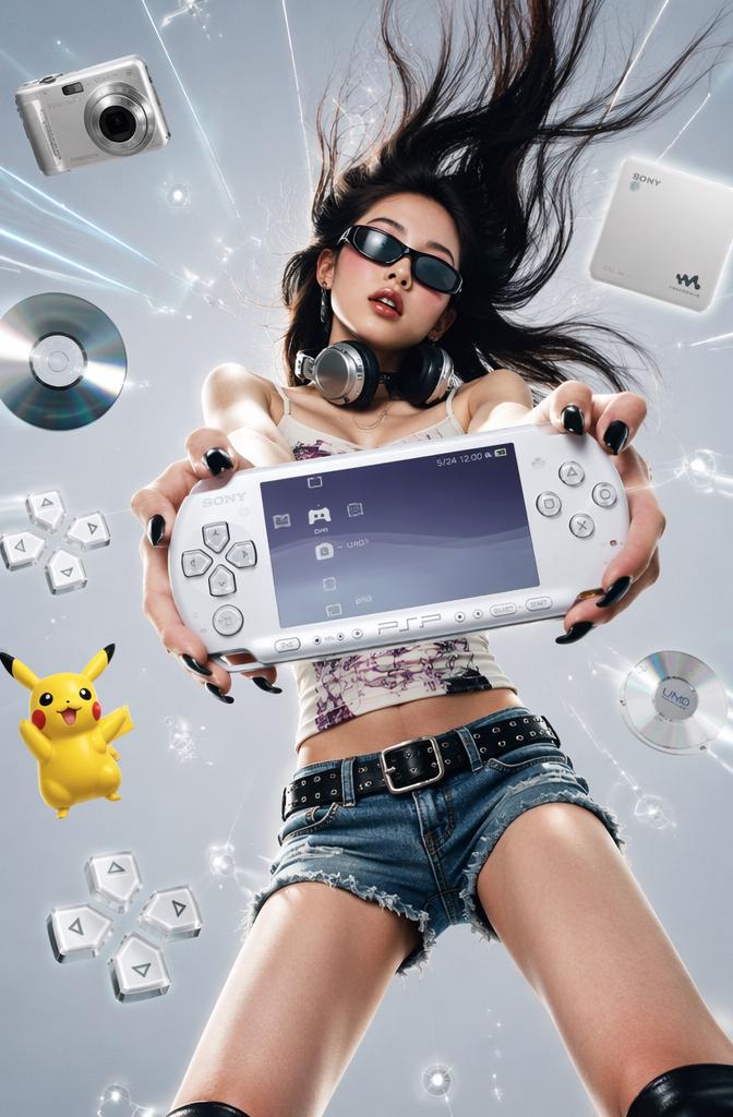 A white PSP handheld gaming console thrust toward the camera lens in a dynamic 'reaching'...