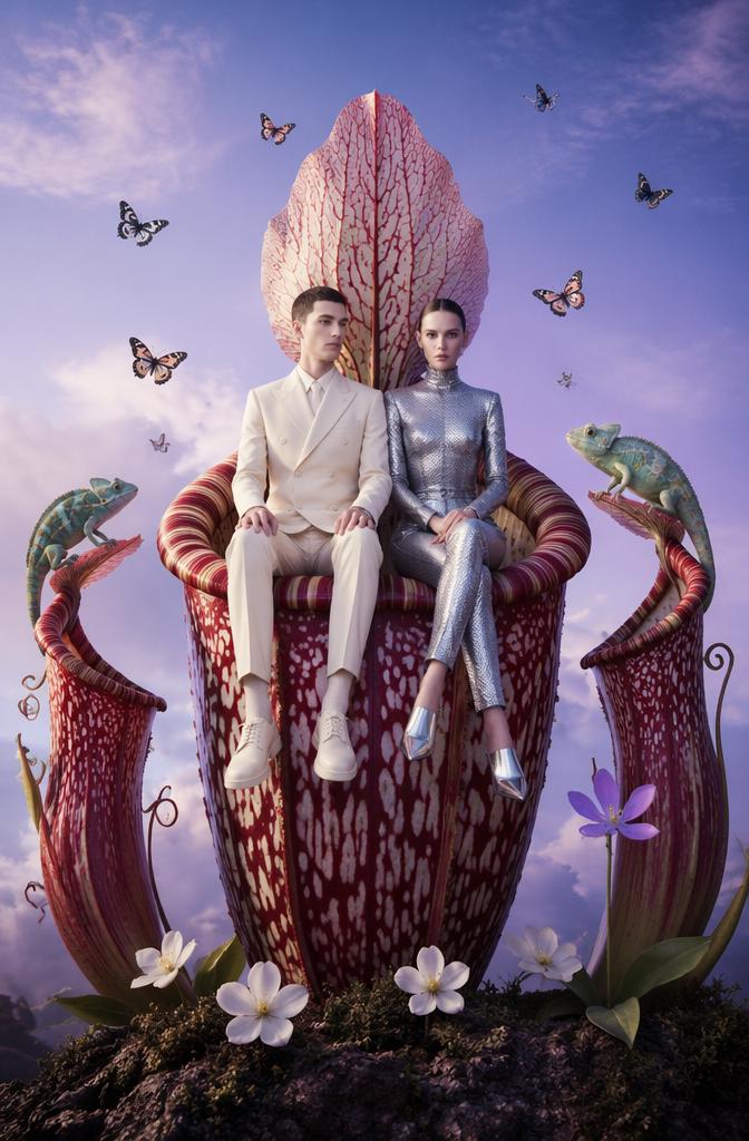 Surreal juxtaposition of two fashion models perched on a giant, red-and-white spotted bot...