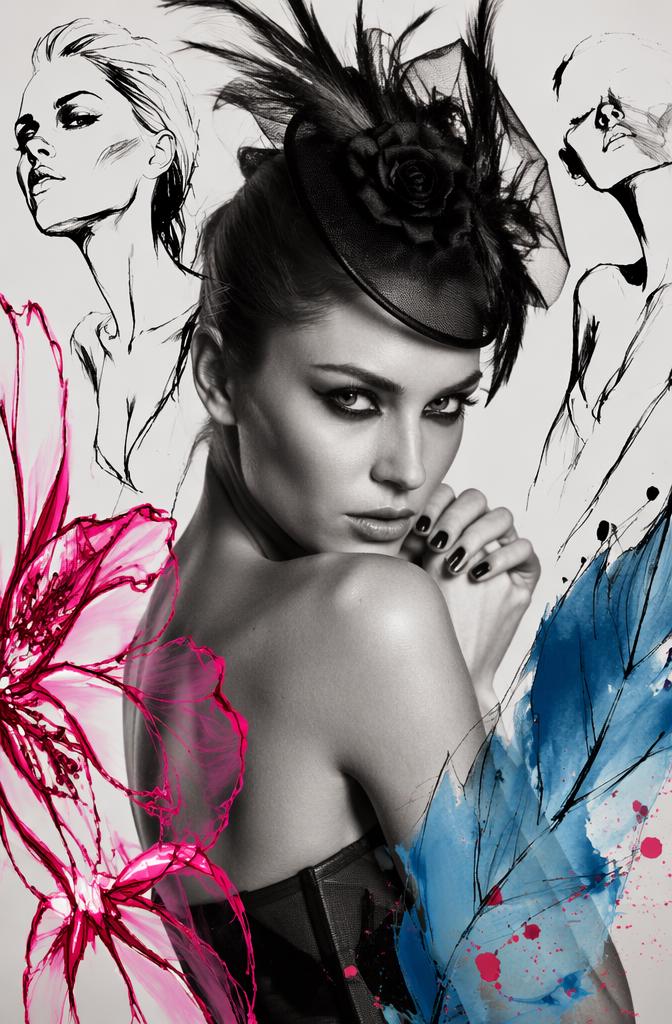 The striking contrast between high-contrast B&W photographic model portraiture and layere...
