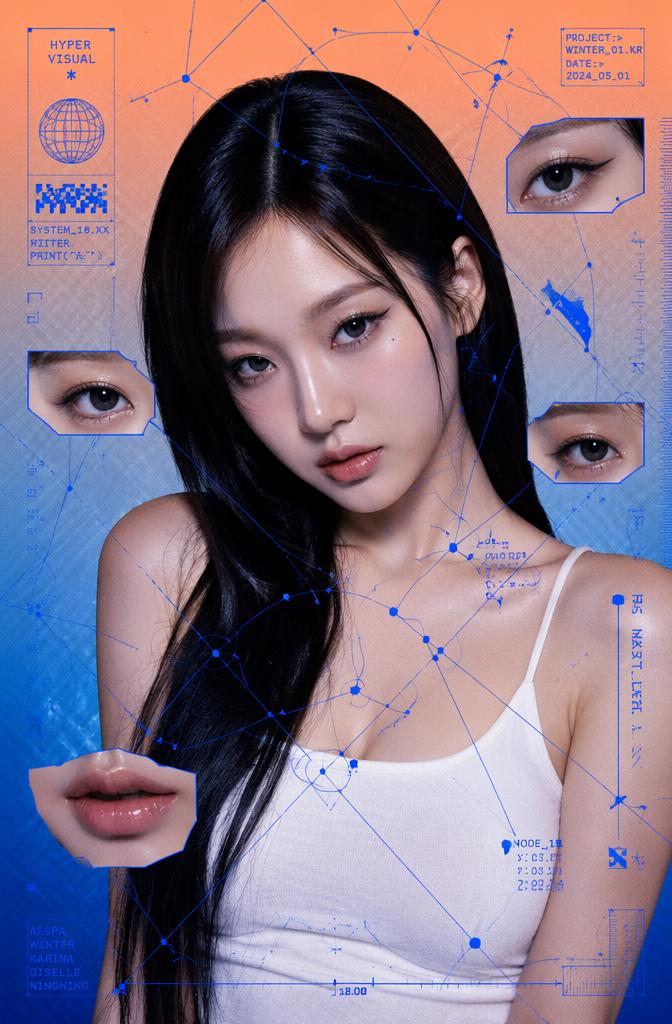The stark juxtaposition of a polished K-pop celebrity portrait overlaid with sharp, blue...